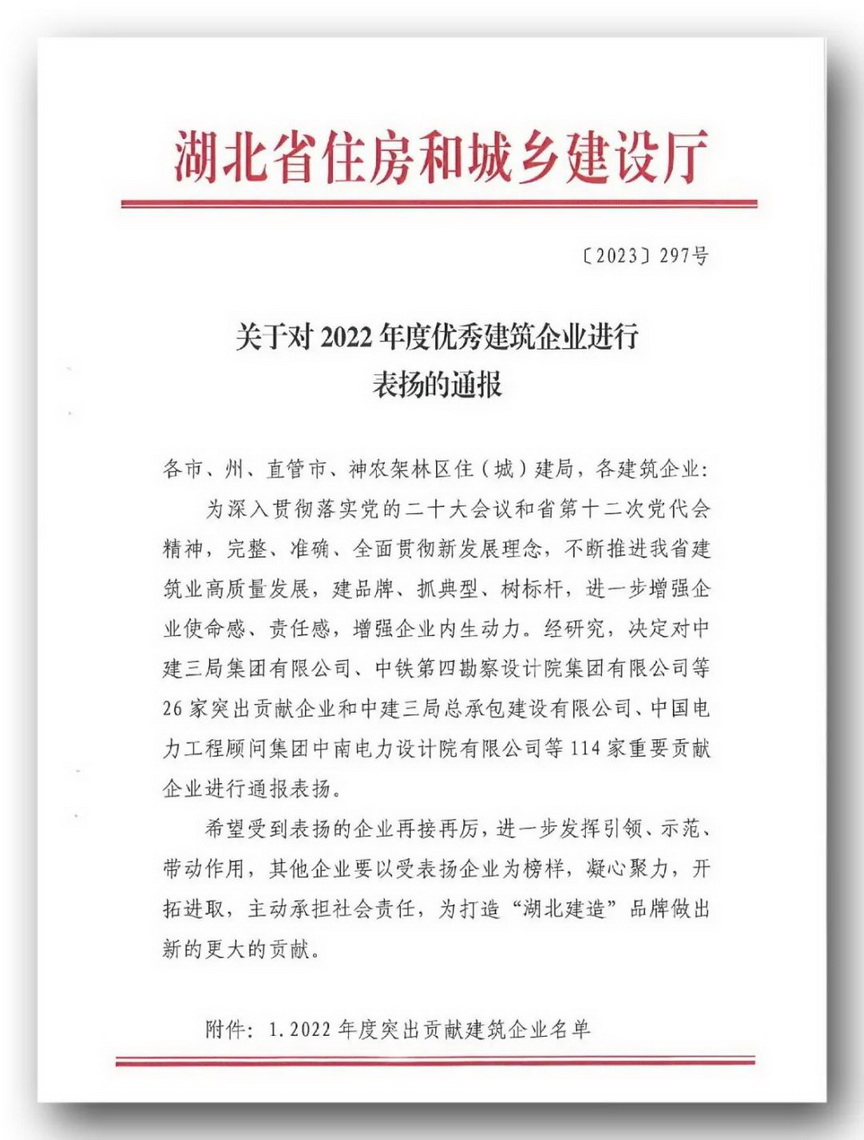 新八集團榮獲“2022年度湖北建筑業(yè)突出貢獻企業(yè)”稱號